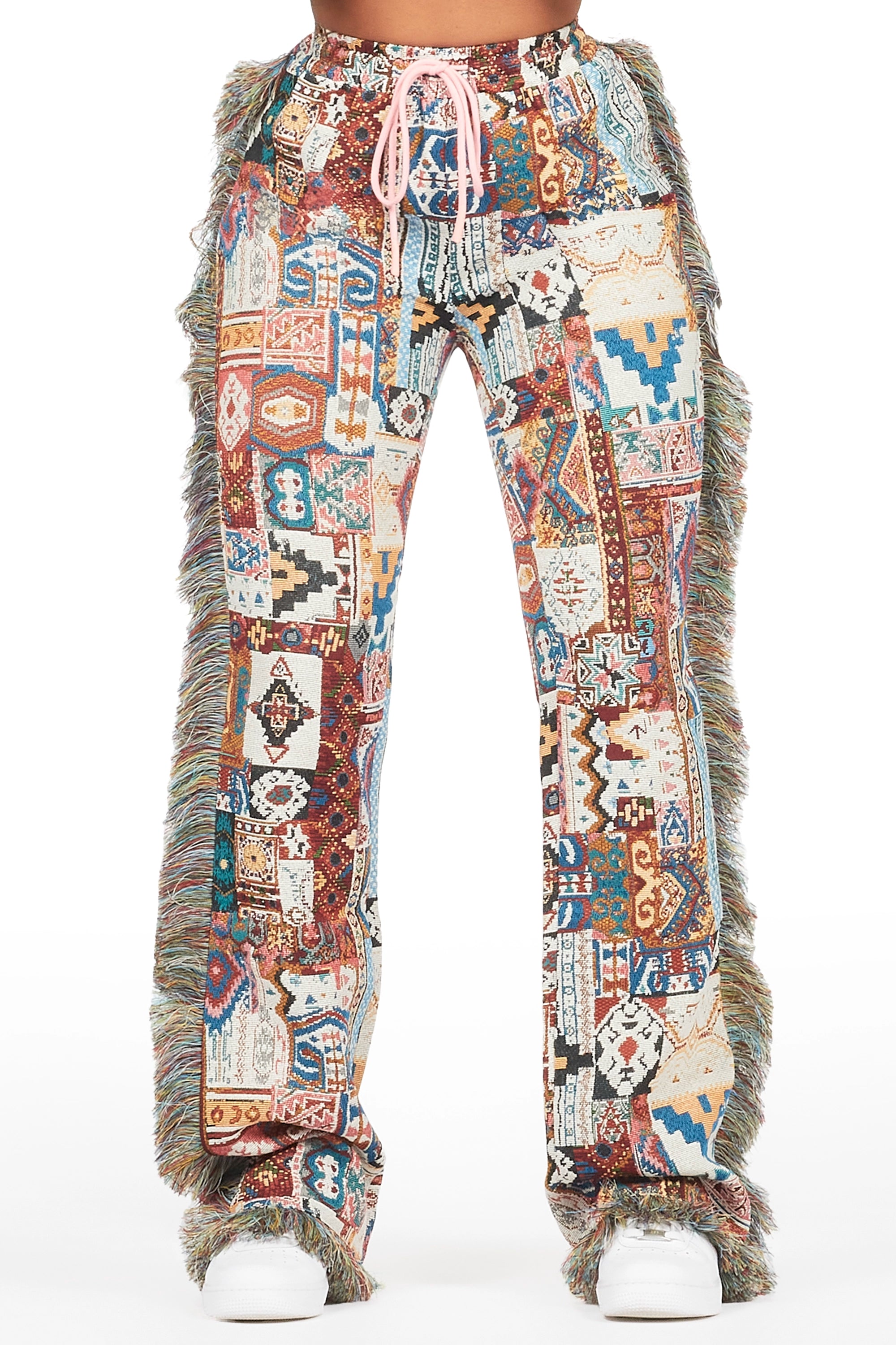Joliet Beige Tapestry Stacked Pant Trendy Wide-Legged Trousers