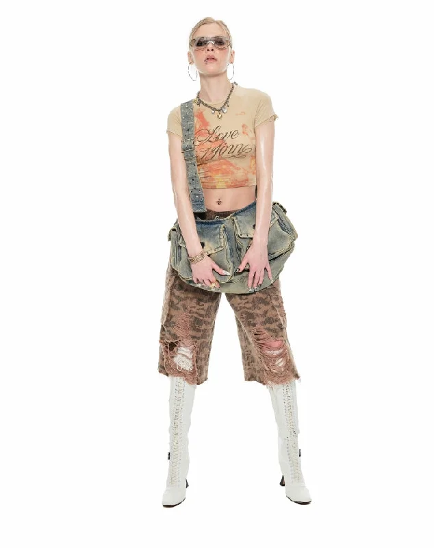 Camouflage Distressed Capri Pants Stylish Elastic Waist Pants