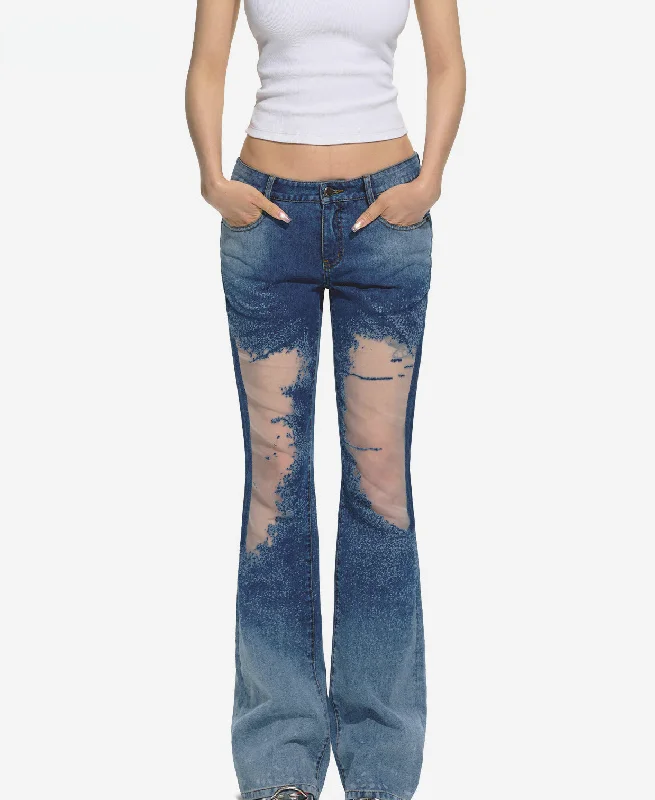 Blue Mesh Patchwork Low-Rise Flared Pants Trendy Work Pants