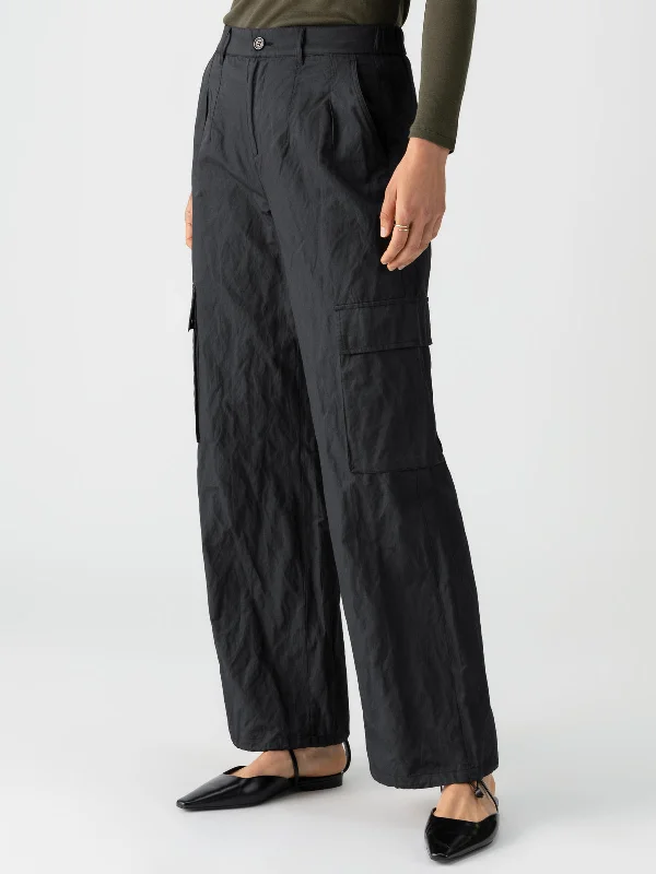 Cinched Nylon Semi-High Rise Cargo Pant Black Chic Capri Pants