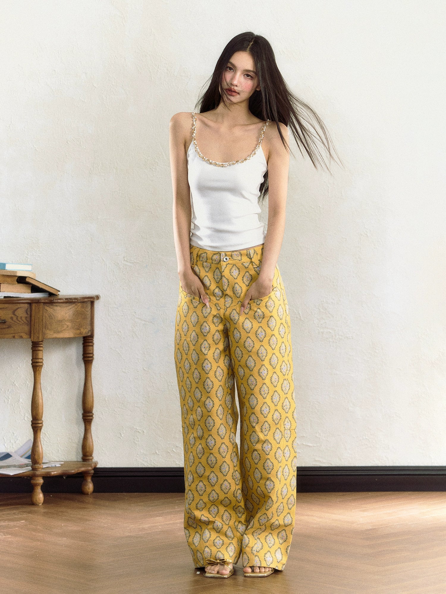 Yellow Embroidered Wide-Leg Pants Casual Wide Pants