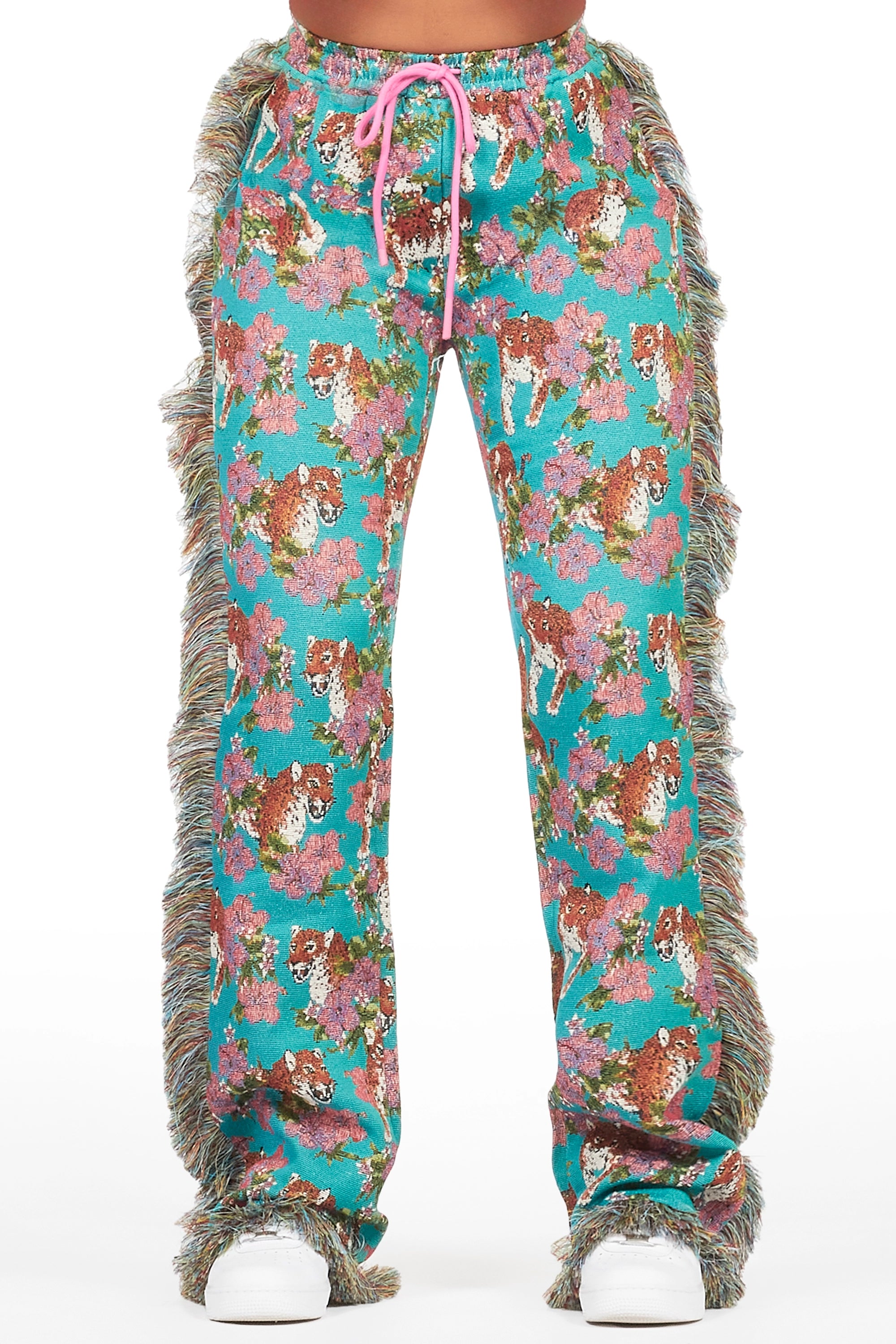Alexsia Teal Tapestry Stacked Pant Cozy Fitted Pants