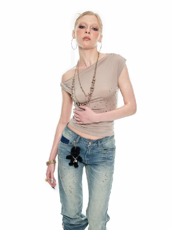 Blue Studded Denim Straight-leg Wide Pants Comfortable Pleated Pants