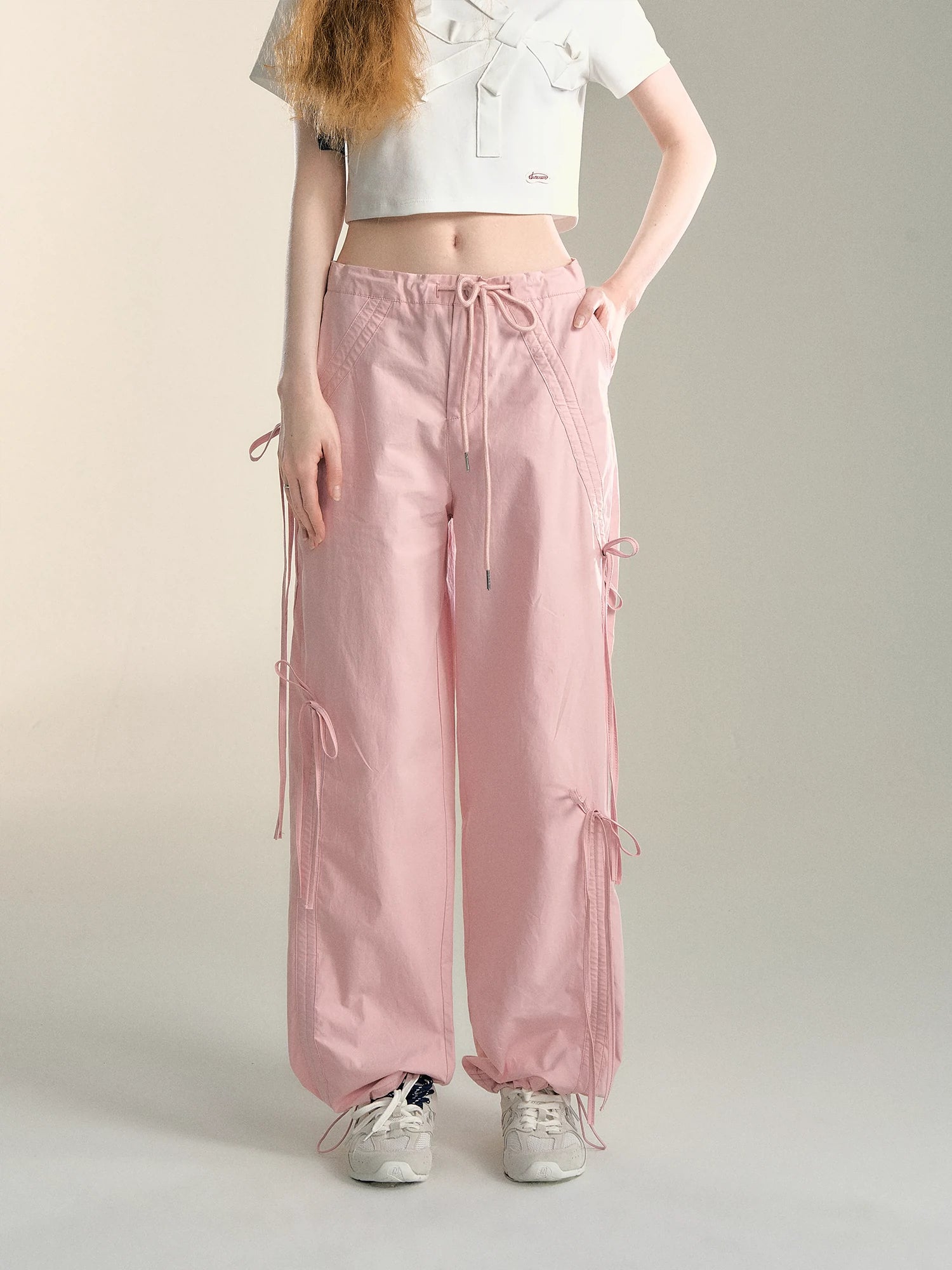 Pink & Grey Bow Tie Drawstring Cargo Pants Stylish Paperbag Waist Pants