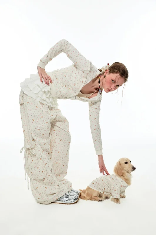White & Cat and Dog Floral Print Large Pockets Cargo Pants Relaxed Linen Pants