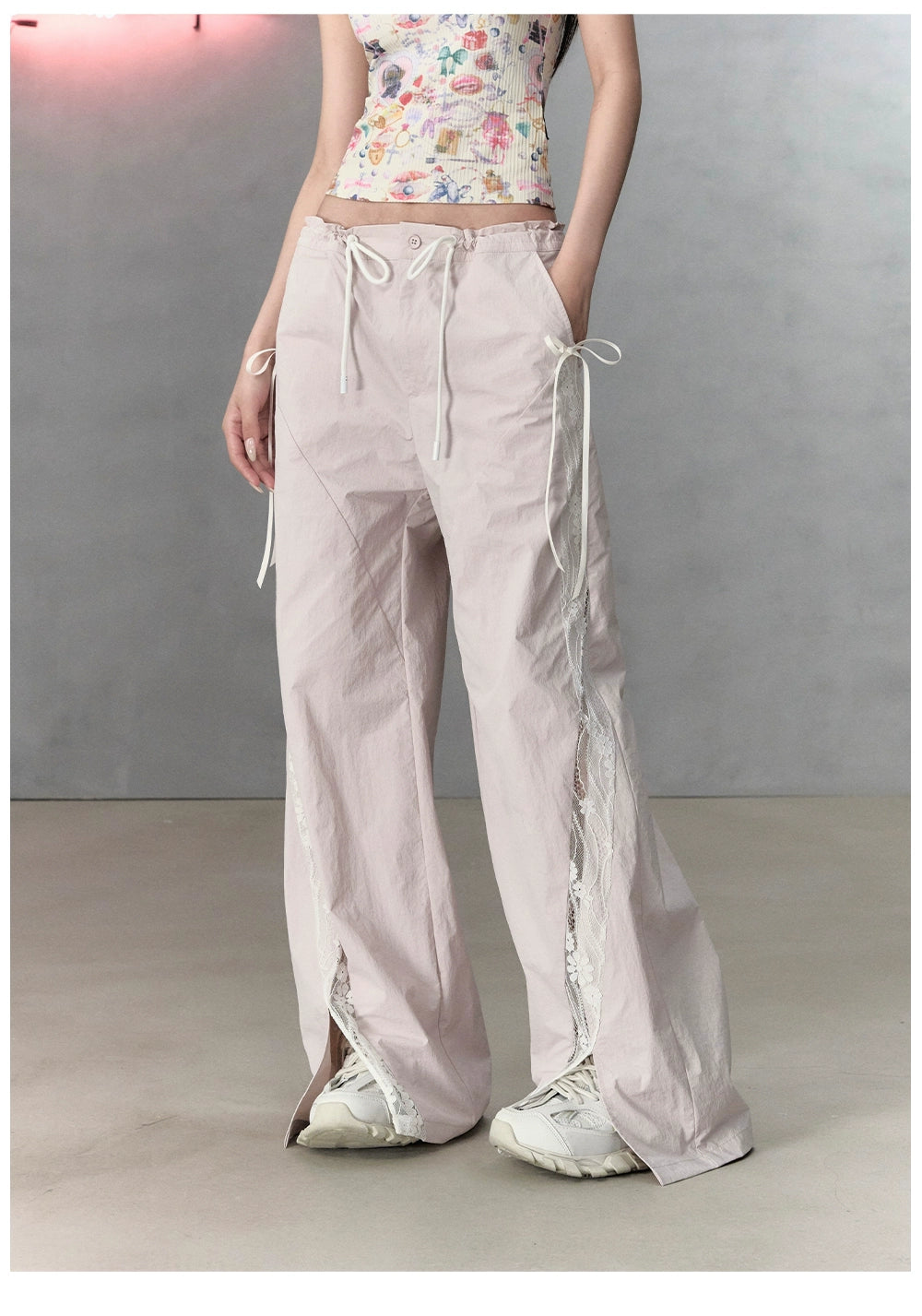 Pink Lace Patchwork Casual Cargo Pants Formal Linen Trousers