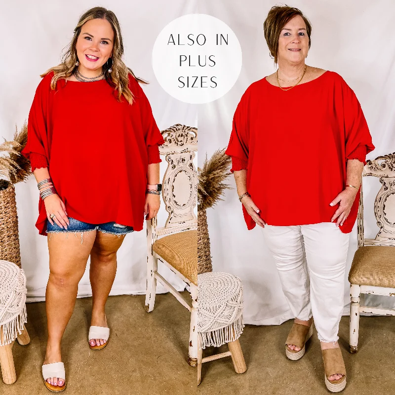 Last Chance Size Small (oversized) | Growing and Glowing Smocked 3/4 Sleeve Oversized Blouse in Red Soft Satin Blouse Last Chance Size Small (oversized) | Growing and Glowing Smocked 3/4 Sleeve Oversized Blouse in Red Soft Satin Blouse
