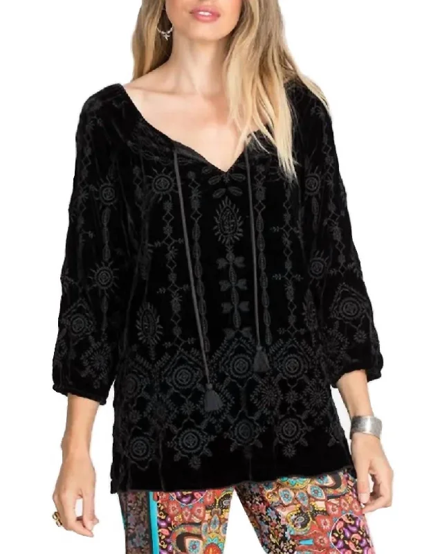 Althea Velvet Peasant Blouse In Black Oversized Silk Blouse