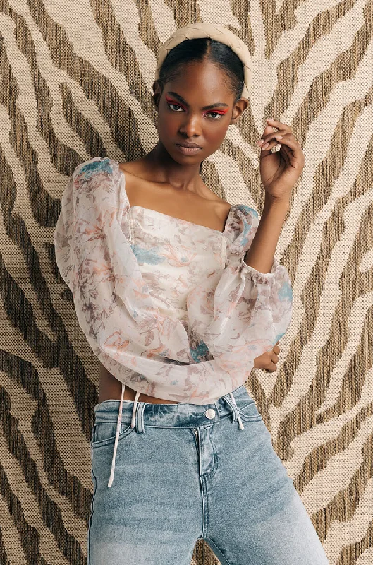 ASTER FLORAL RUCHED CROP BLOUSE Pleated Collar Blouse