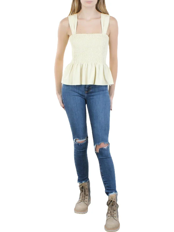 August Womens Faux Leather Smocked Blouse Soft Pastel Blouse