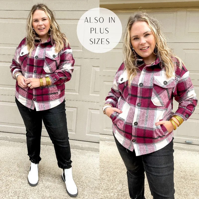 Last Chance Size Small & Medium | Autumn Air Plaid Button Up Shacket in Plum Satin Bow Blouse