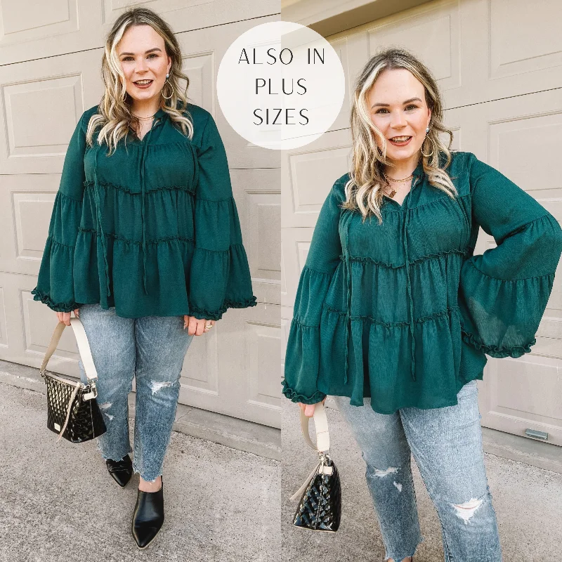 Impressive Touch Striped Bell Sleeve Tiered Blouse in Emerald Green Loose Oversized Blouse