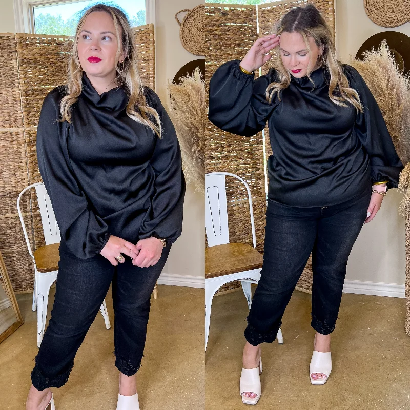 Afternoon in Asheville High Cowl Neck Long Sleeve Crepe Blouse in Black Sleeveless Summer Blouse
