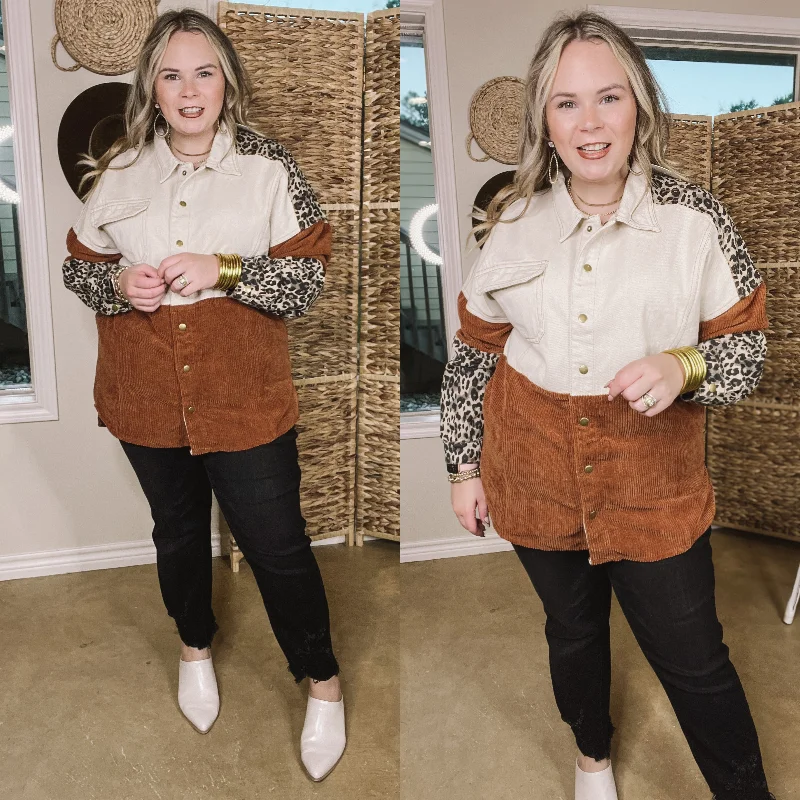 Extended Stay Print Block Button Up Shacket in Brown Mix Collared Satin Blouse