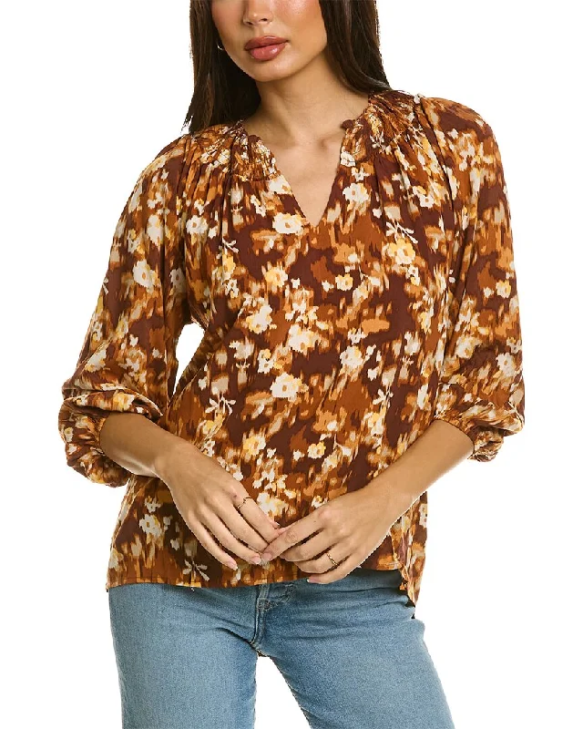 Bobeau Smocked Collar Blouse Embroidered Floral Blouse