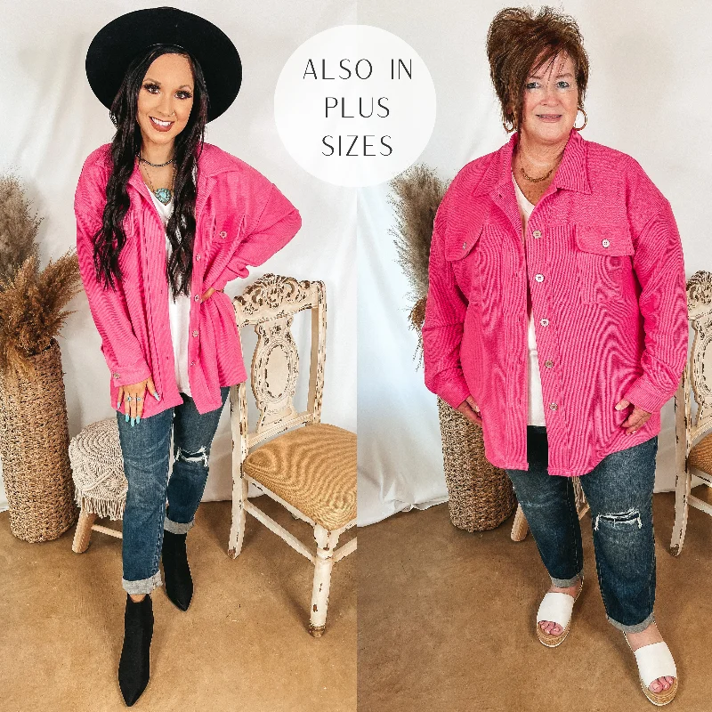 Say Less Button Up Knit Shacket in Fuchsia Pink Embellished Collar Blouse