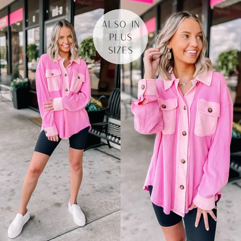 A Place To Unwind Button Up Waffle Knit Shacket in Pink Smart Business Blouse