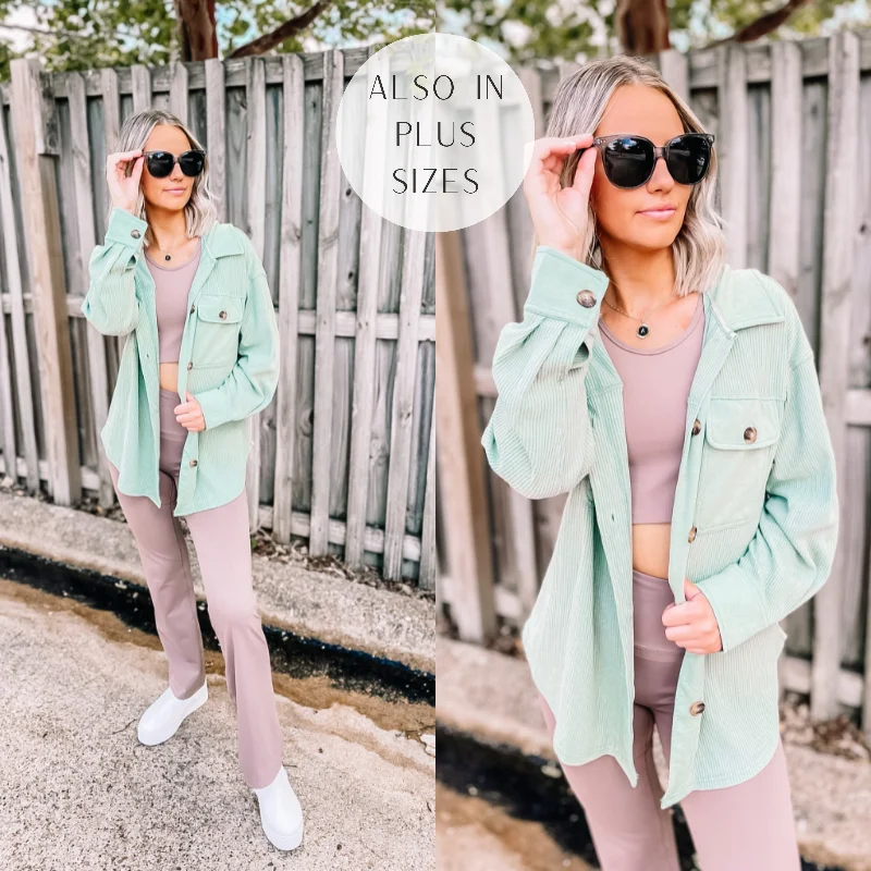 A Place To Unwind Button Up Waffle Knit Shacket in Sage Green Frilled Cuff Blouse