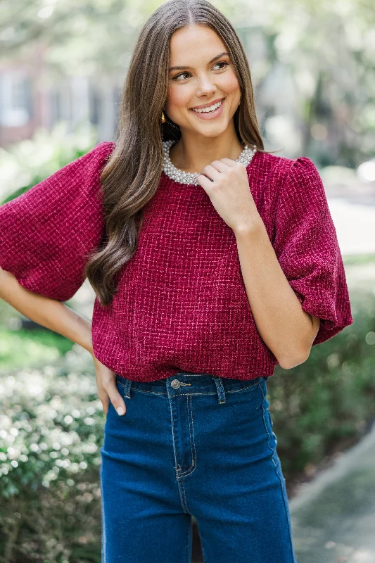 Calling On You Burgundy Red Tweed Blouse Lightweight Floral Blouse