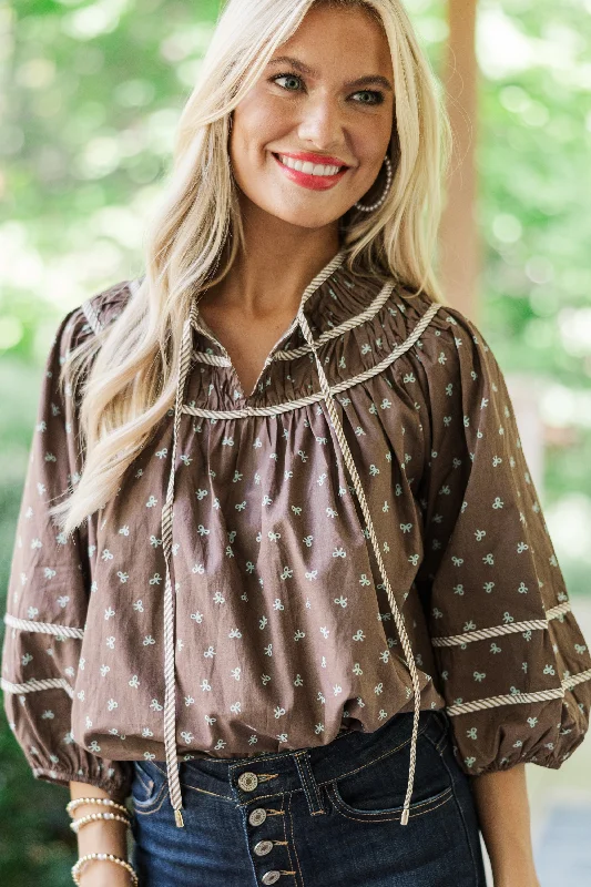 Can't Lose You Brown Bow Print Blouse Modern Work Blouse
