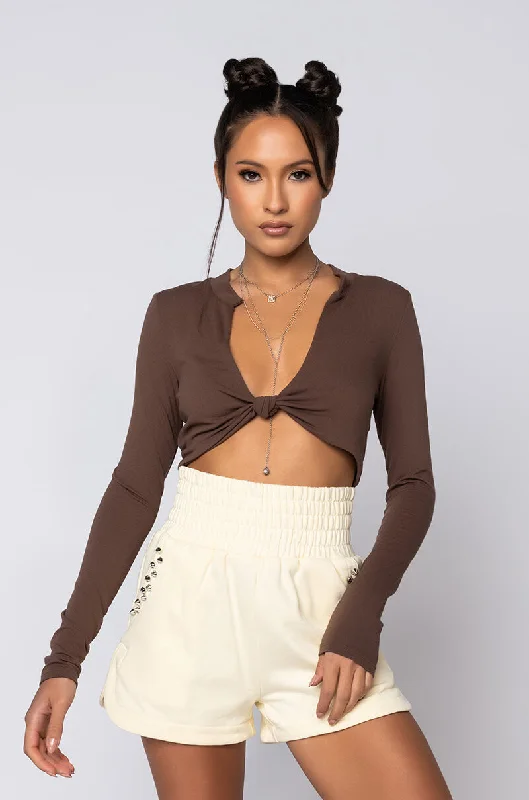 CAN'T TIE ME DOWN LONG SLEEVE FRONT KNOT BLOUSE BROWN Sweetheart Neck Blouse