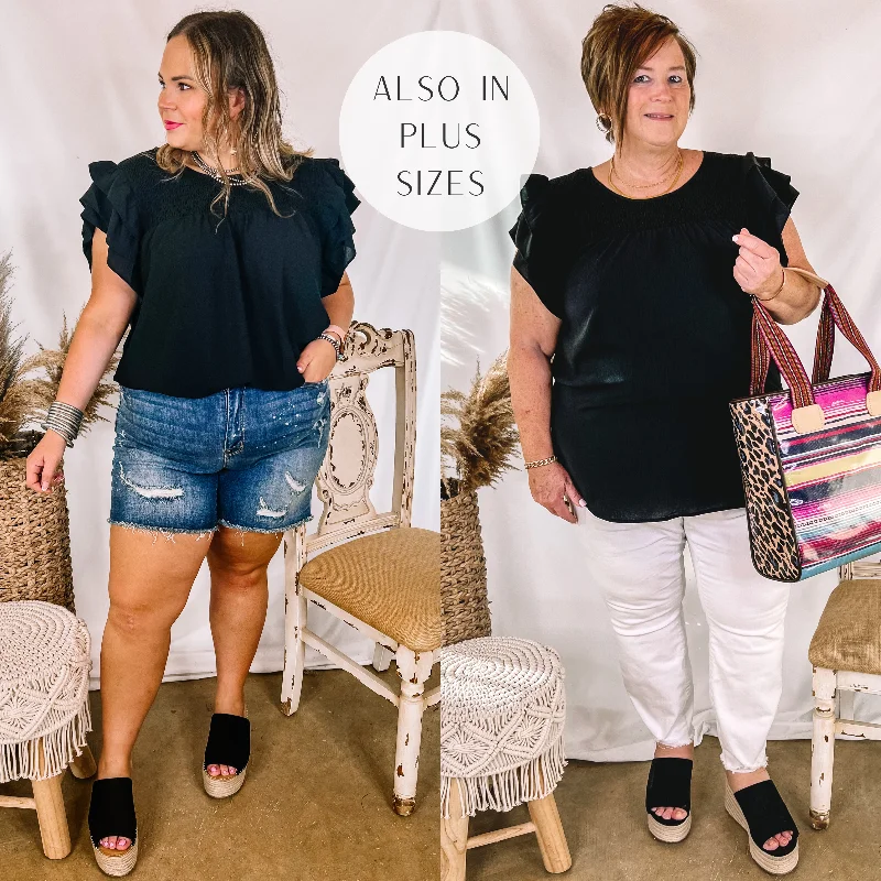 Last Chance Size Small | Balcony Nights Ruffle Shoulder Cap Sleeve Blouse in Black Satin Long Blouse