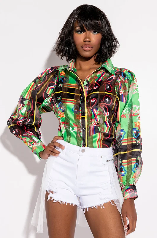 C'EST LA VIE PRINTED BLOUSE GREEN MULTI Flowy Bohemian Blouse