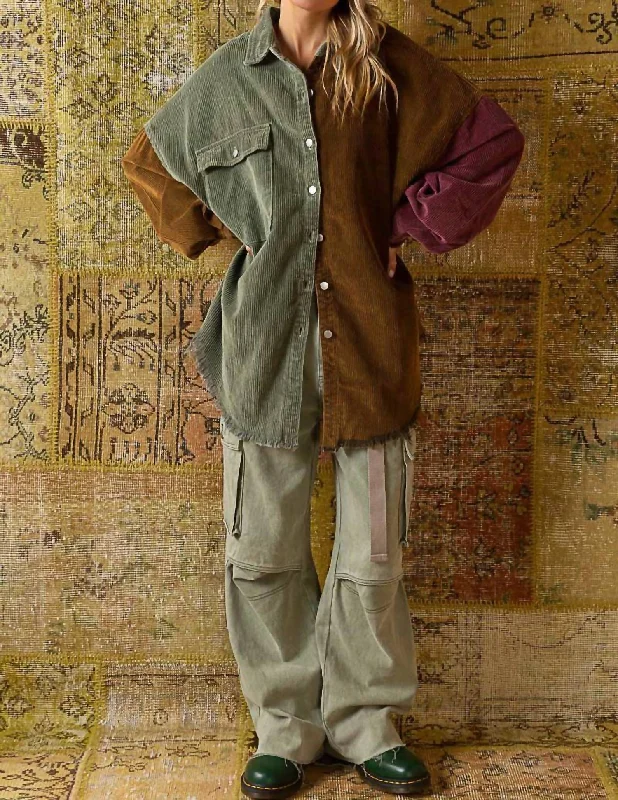 Corduroy Contrast Color Panel Shacket With Frayed Hem In Olive And Chocolate Chic Wrap Blouse Corduroy Contrast Color Panel Shacket With Frayed Hem In Olive And Chocolate Chic Wrap Blouse