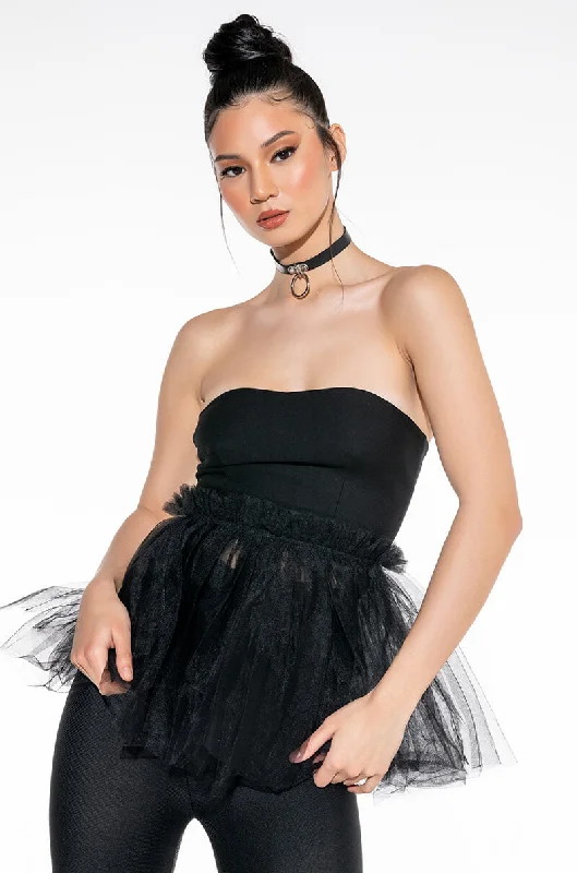 DANCE TO THIS STRAPLESS TULLE PEPLUM BLOUSE Lightweight Chiffon Blouse