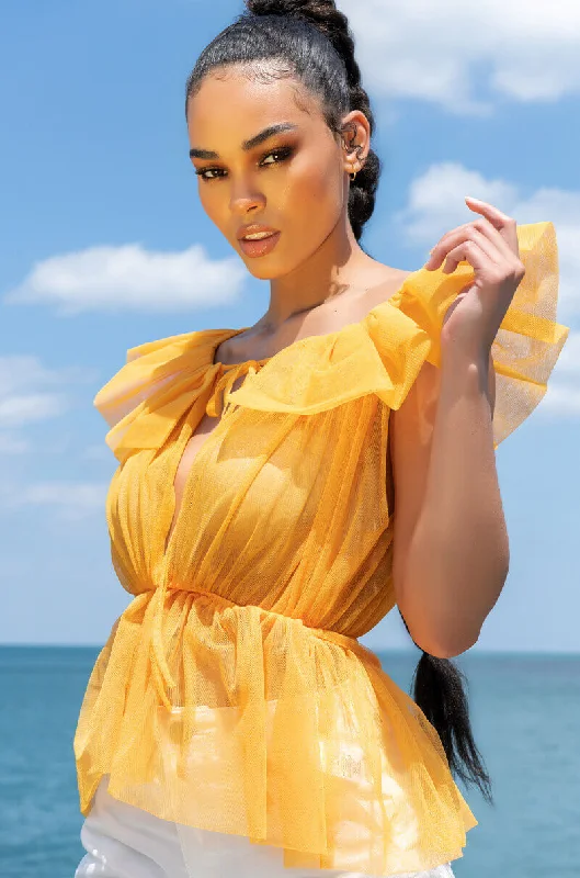 ELECTRA RUFFLE COLLAR SLEEVELESS PEPLUM BLOUSE Puff Sleeve Blouse