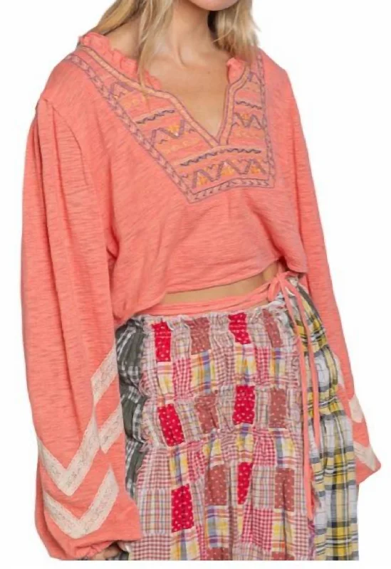 Embroidered Crop Poets Blouse In Coral Smart Casual Blouse