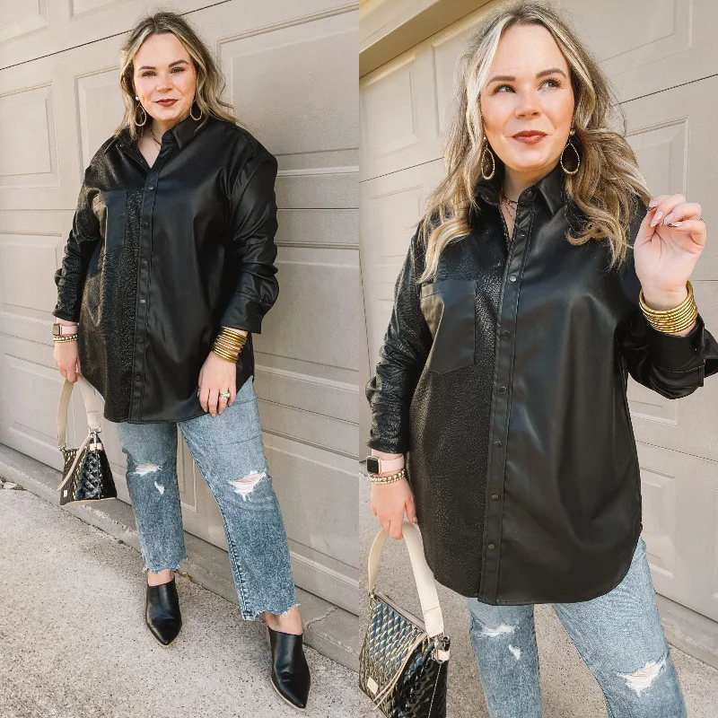 Talk Sweetly Faux Leather Print Block Shacket in Black Mandarin Collar Blouse