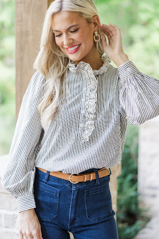 Feeling Feminine Navy Blue Striped Blouse Embroidered Floral Blouse