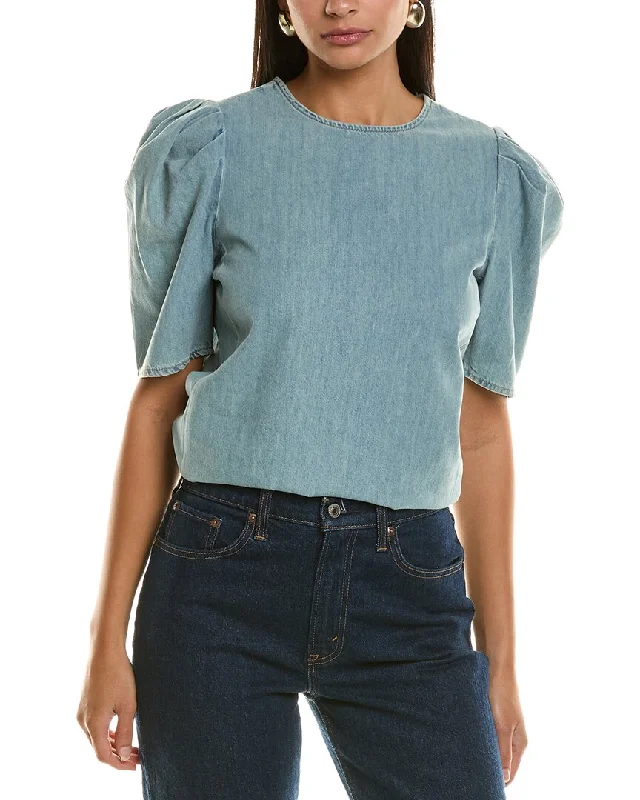 FRAME Denim Draped Sleeve Denim Blouse Sheer Mesh Blouse