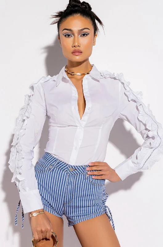 GLAD YOU CAME BUTTON BLOUSE WITH EMBELLISHED SLEEVE Casual Button Blouse