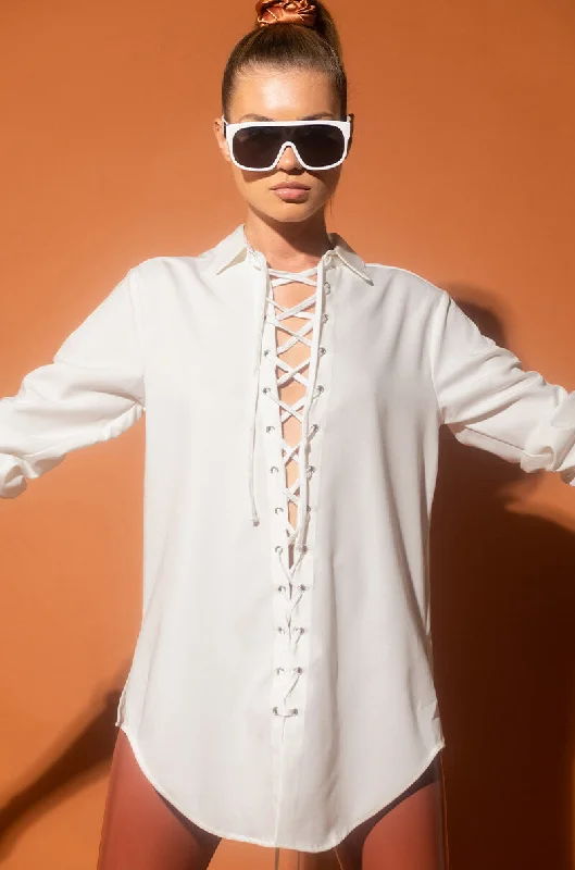 HOLD THAT THOUGHT OVERSIZED FRONT AND BACK LACE UP BLOUSE Pastel Color Blouse