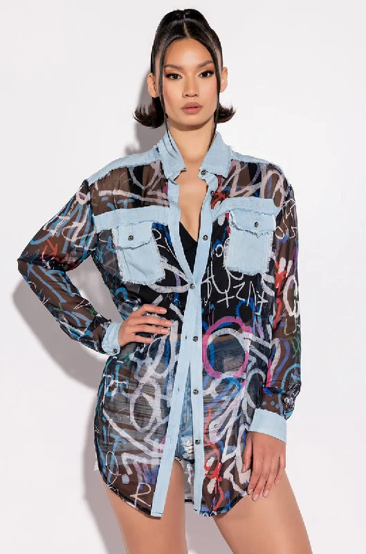 I'LL TAKE IT FROM HERE MESH LONG SLEEVE BUTTON UP BLOUSE Loose Fit Blouse