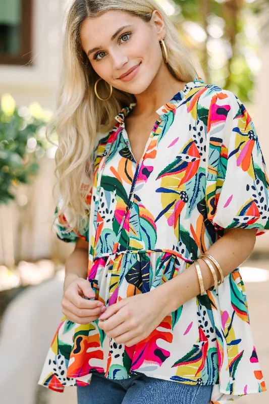 In Plain View Cream White Abstract Blouse Lightweight Floral Blouse