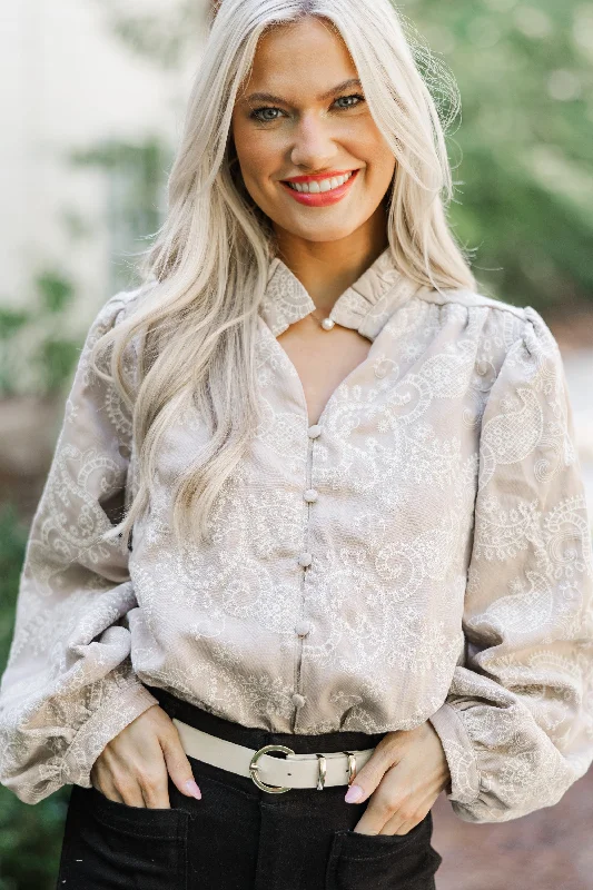 In Your Feelings Taupe Embroidered Paisley Blouse Stylish Wrap Blouse