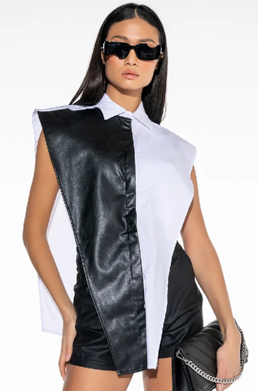 IVANA FAUX LEATHER PANEL BUTTON DOWN SLEEVELESS BLOUSE Satin Drape Blouse