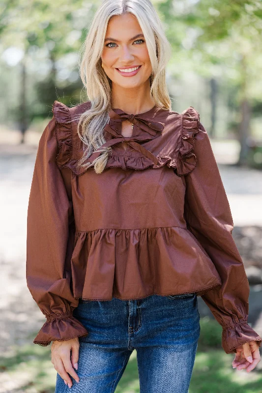 Just A Thought Brown Bow Blouse Asymmetric Hem Blouse