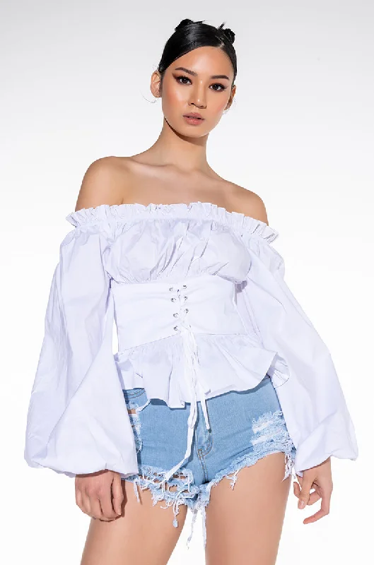 KIYA OFF SHOULDER LACE UP POPLIN BLOUSE Mandarin Collar Blouse