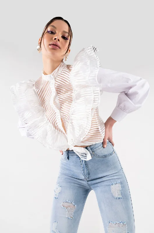 KRISTI RUFFLE BUTTON DOWN BLOUSE Feminine Puff Blouse