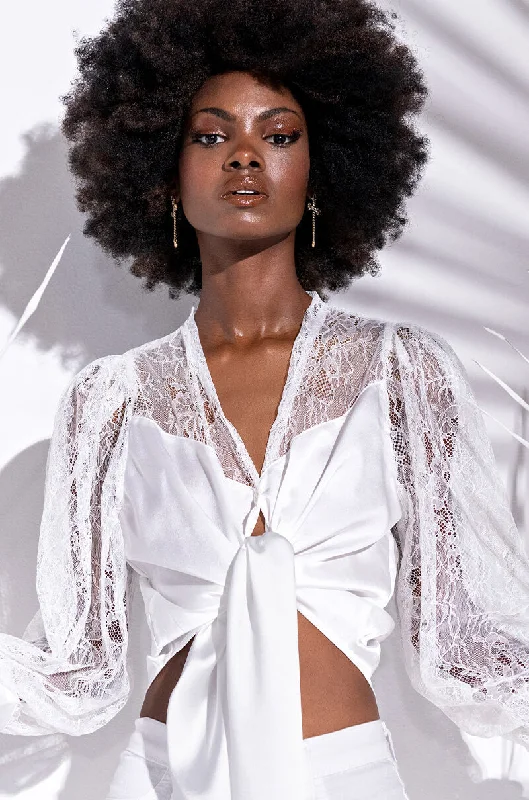 LET'S MINGLE TIE FRONT BLOUSE WITH LACE SLEEVES WHITE Off-Shoulder Wrap Blouse