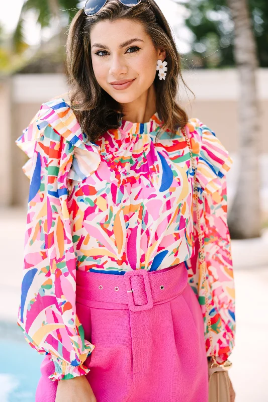 Look On The Bright Side Pink Abstract Blouse Oversized Silk Blouse