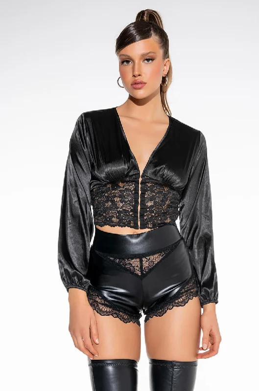 LOVER GIRL LACE DETAIL CROPPED SATIN BLOUSE Classic Striped Blouse