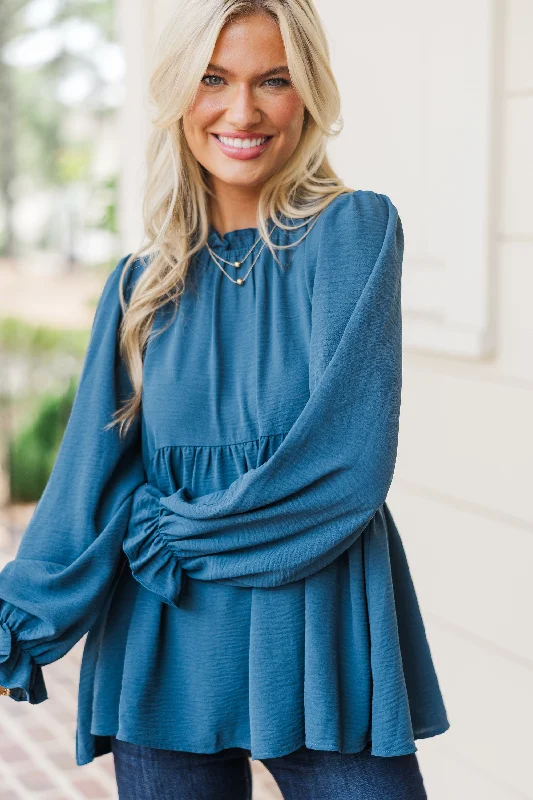 Making Moves Teal Blue Ruffled Blouse Elegant Semi-Sheer Blouse