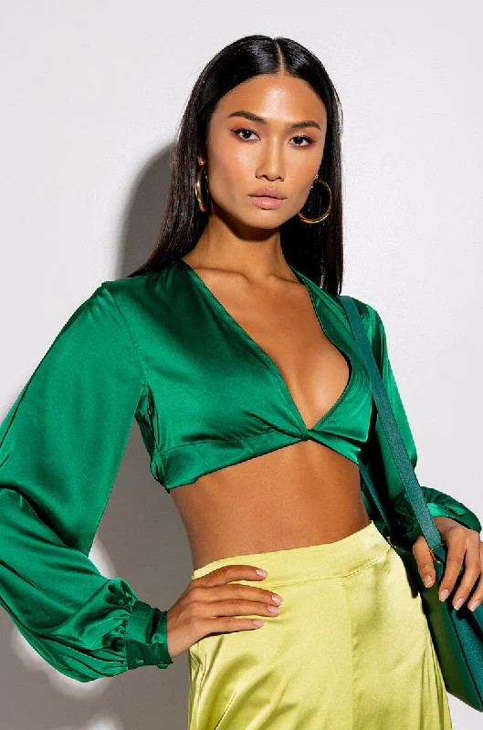 MONEY IS THE MOTIVE SATIN TWIST FRONT CROPPED BLOUSE Casual Relaxed Blouse