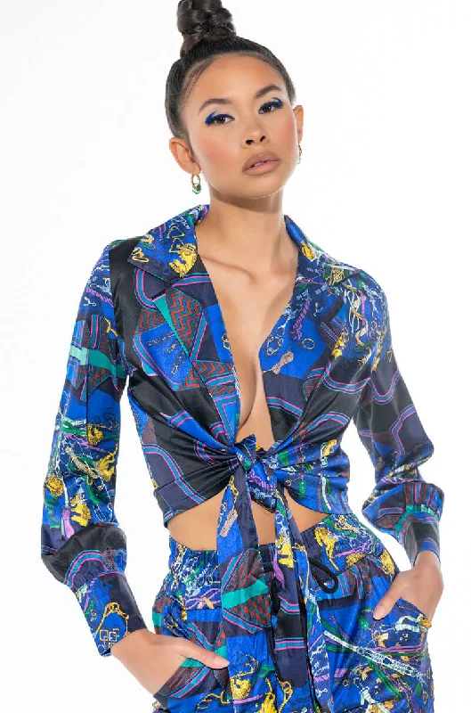 NAIMA SATIN PRINT TIE FRONT BLOUSE Ruched Sleeve Blouse