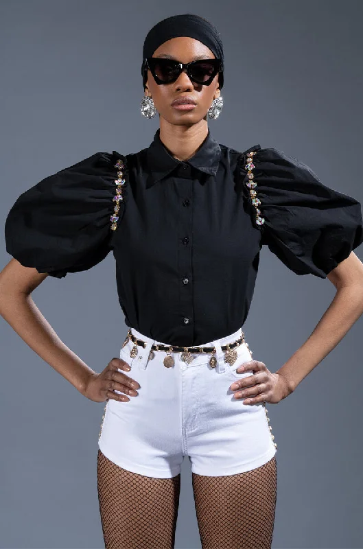 NARCISSA EMBELLISHED SHORT SLEEVE POPLIN BLOUSE Chic Square Blouse